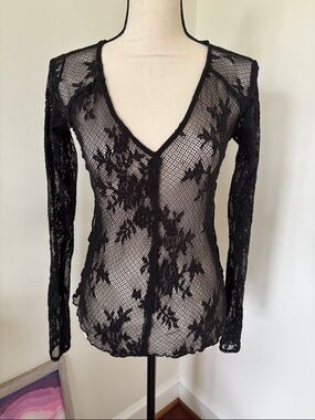 Intimately Black Lace Long-Sleeve Sheer Top - Women Intimates Size Small